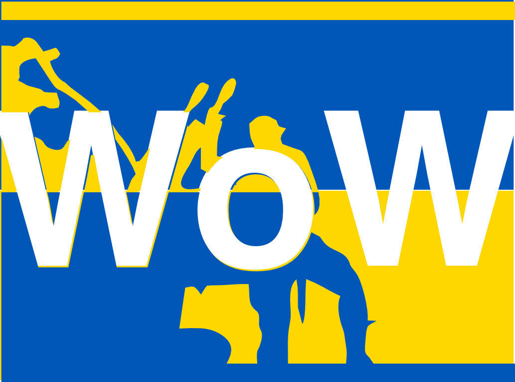 a blue and yellow sign with wow text