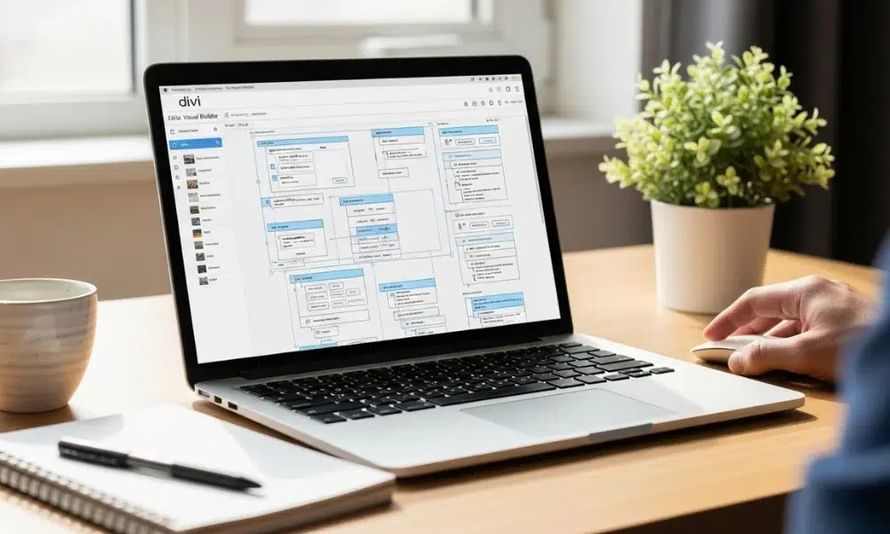 A laptop displays a complex flowchart in diagram software