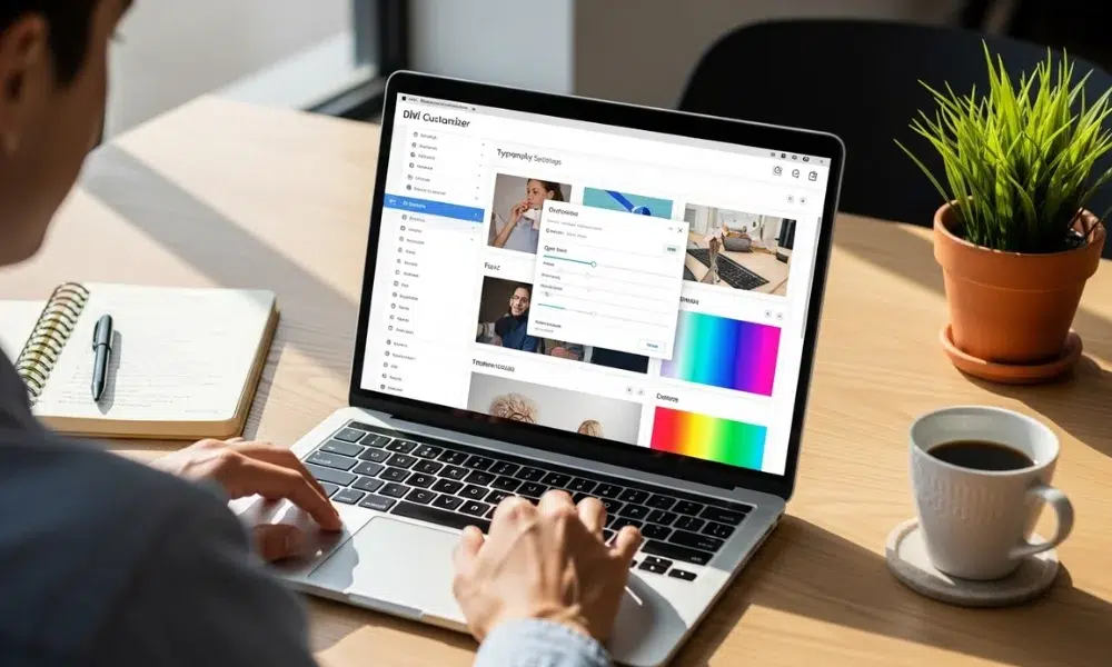 A person uses a laptop with a website customization interface