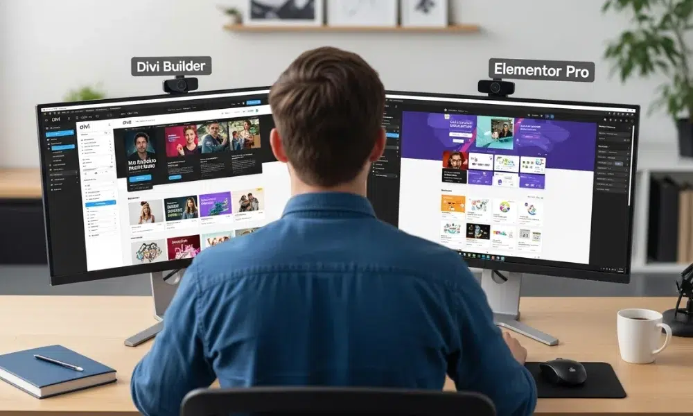 A man sits at a desk with two monitors
