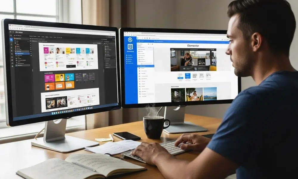 two monitors displaying web design software