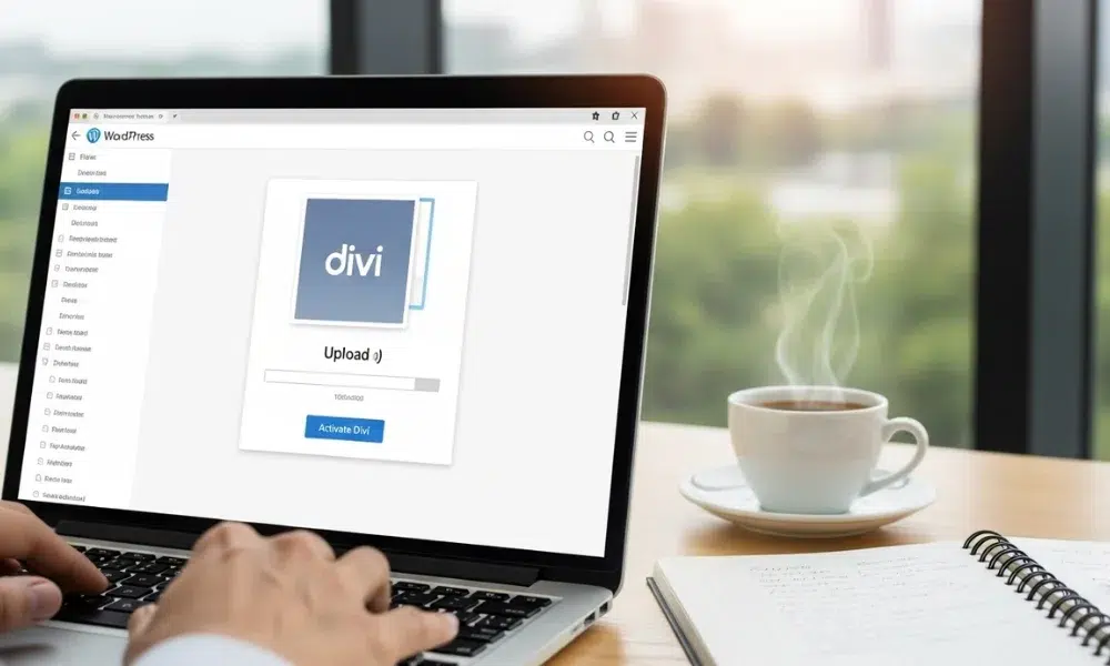 laptop displaying a WordPress interface with the Divi theme upload