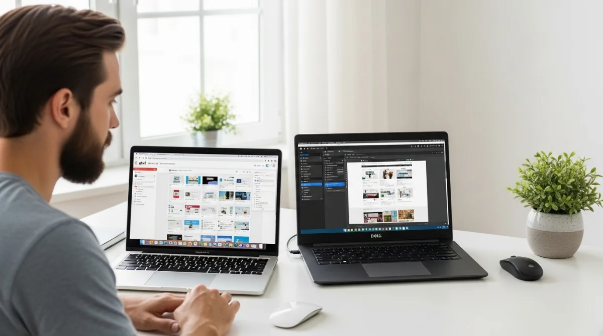 A man works at a desk with two laptops