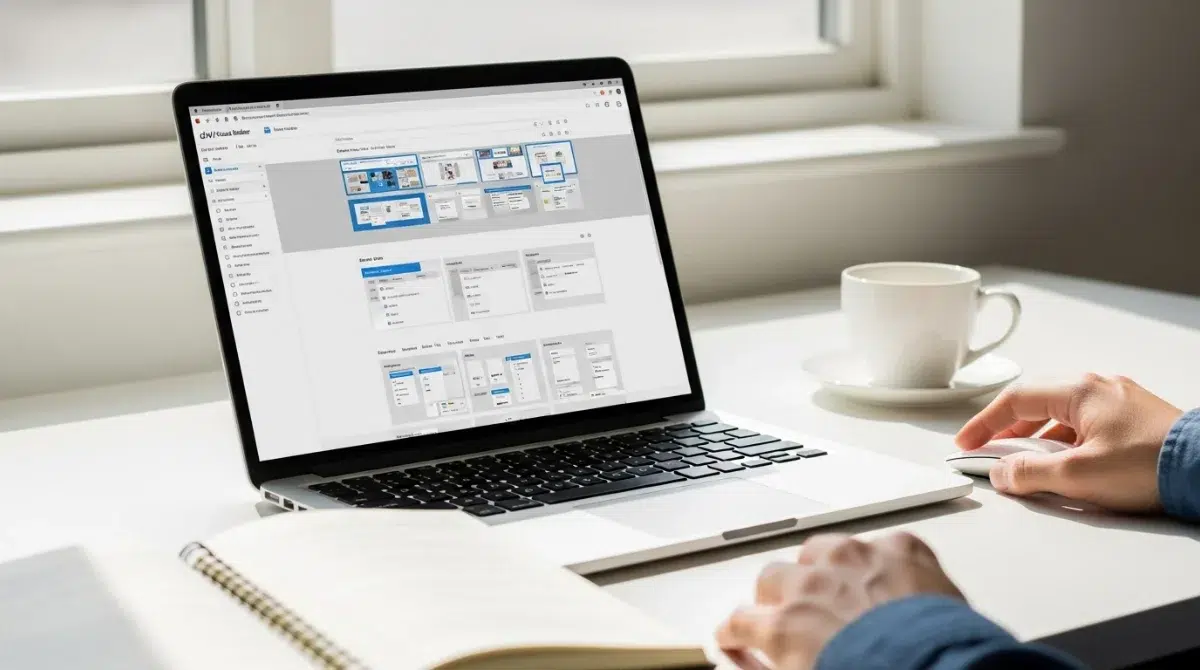 A person works on a laptop displaying a software design tool