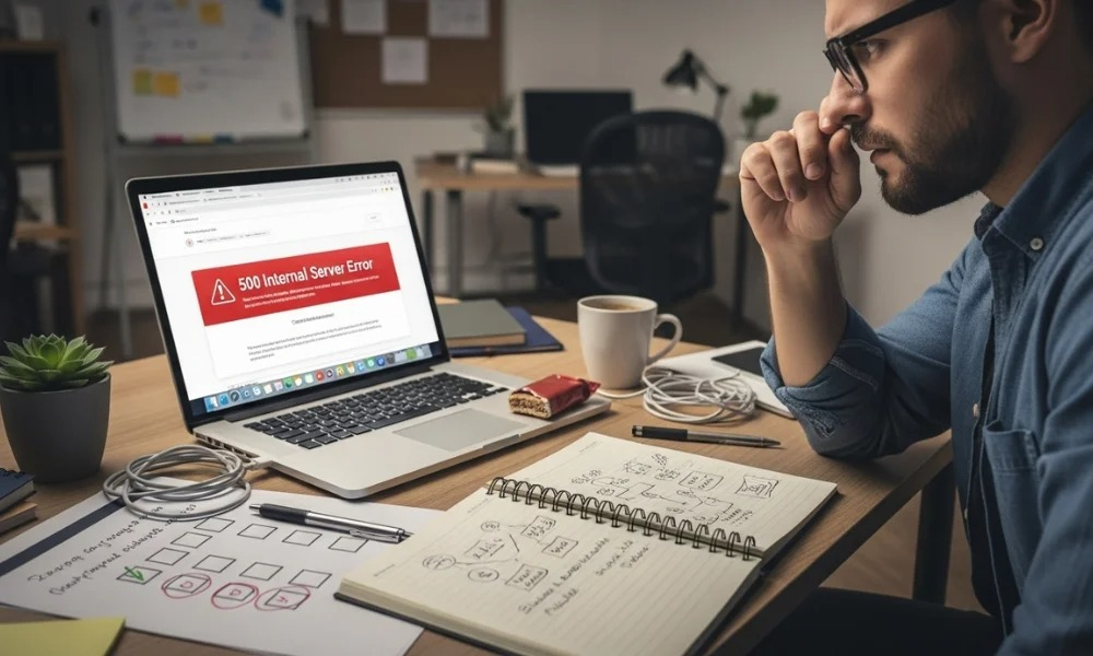 laptop displaying a "500 Internal Server Error."
