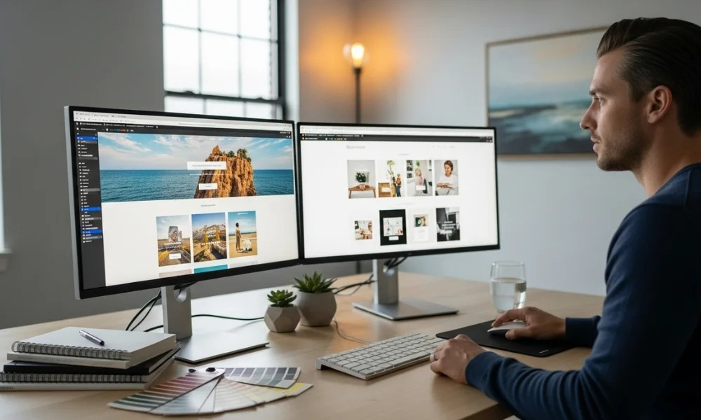 dual monitors displaying web design